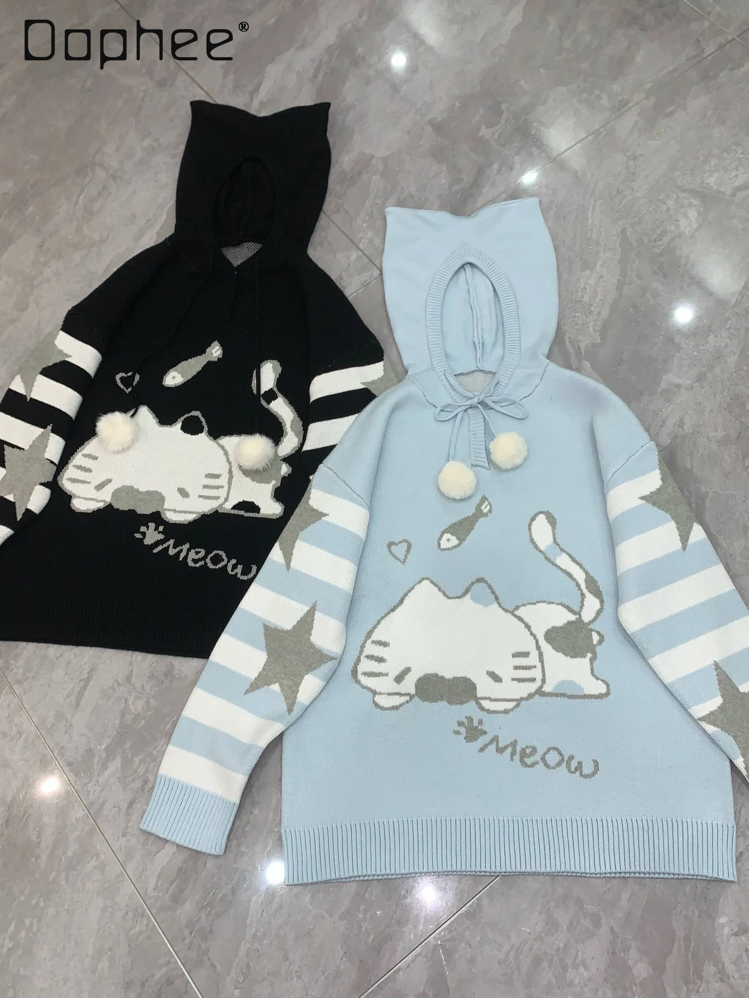 Japanese Hooded Sweater Cat Print Cute Hairball Long Sleeve Striped Loose Knit Pullovers Casual Sweet Cartoon Girls Knitwear