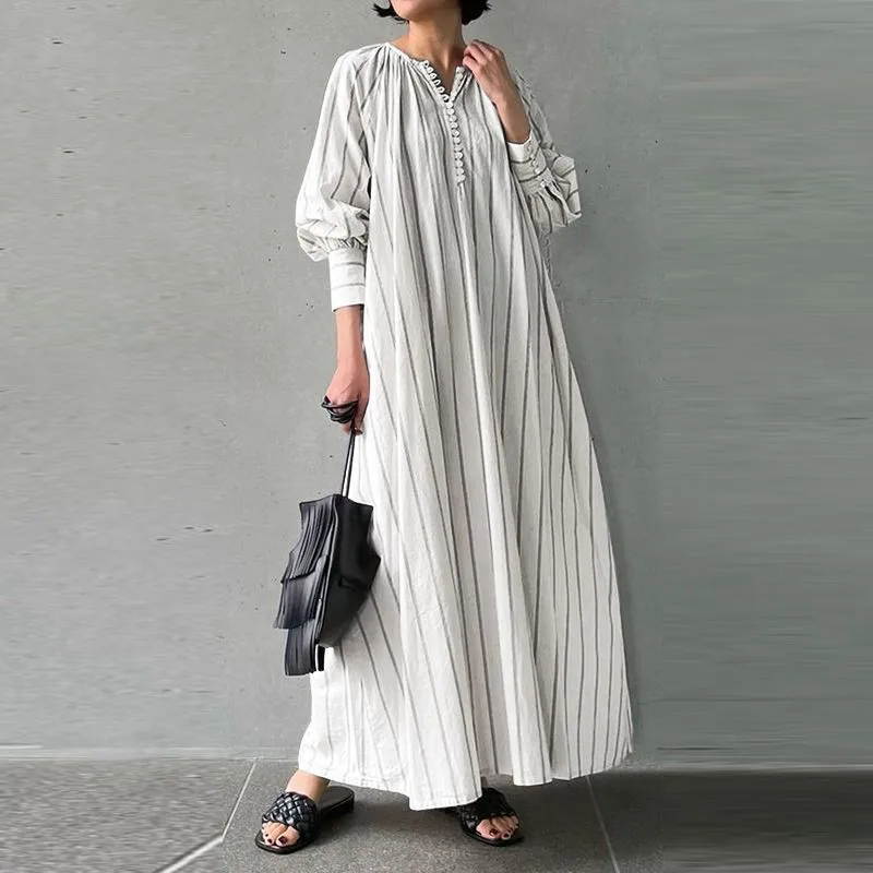 

2024 Stripe Print Cotton Linen Printed Dress Long Sleeved Round Neck Casual Loose Maxi A-line Dress For Women Commuting Vestidos