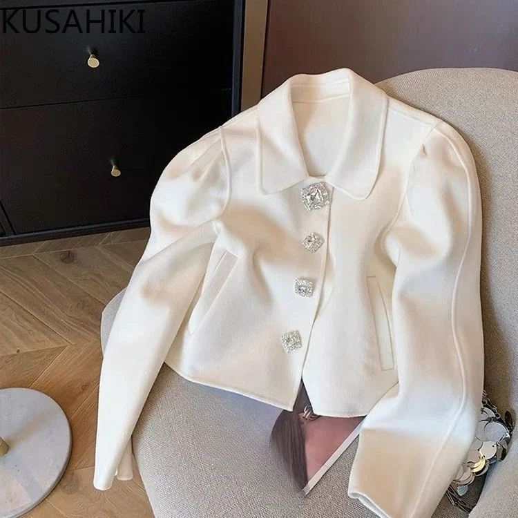 KUSAHIKI Woolen Fashion Short Women Coat 2024 Spring New Korean Style Cardigan Outwear Tops Elegant Female Chic Jackets