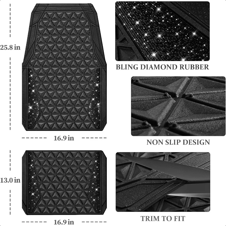 Alfombrillas de coche con diamantes brillantes, alfombrillas de goma, juego completo antideslizante, rombos 3D, embellecedor impermeable para adaptarse al revestimiento Universal con brillo de cristal Sp