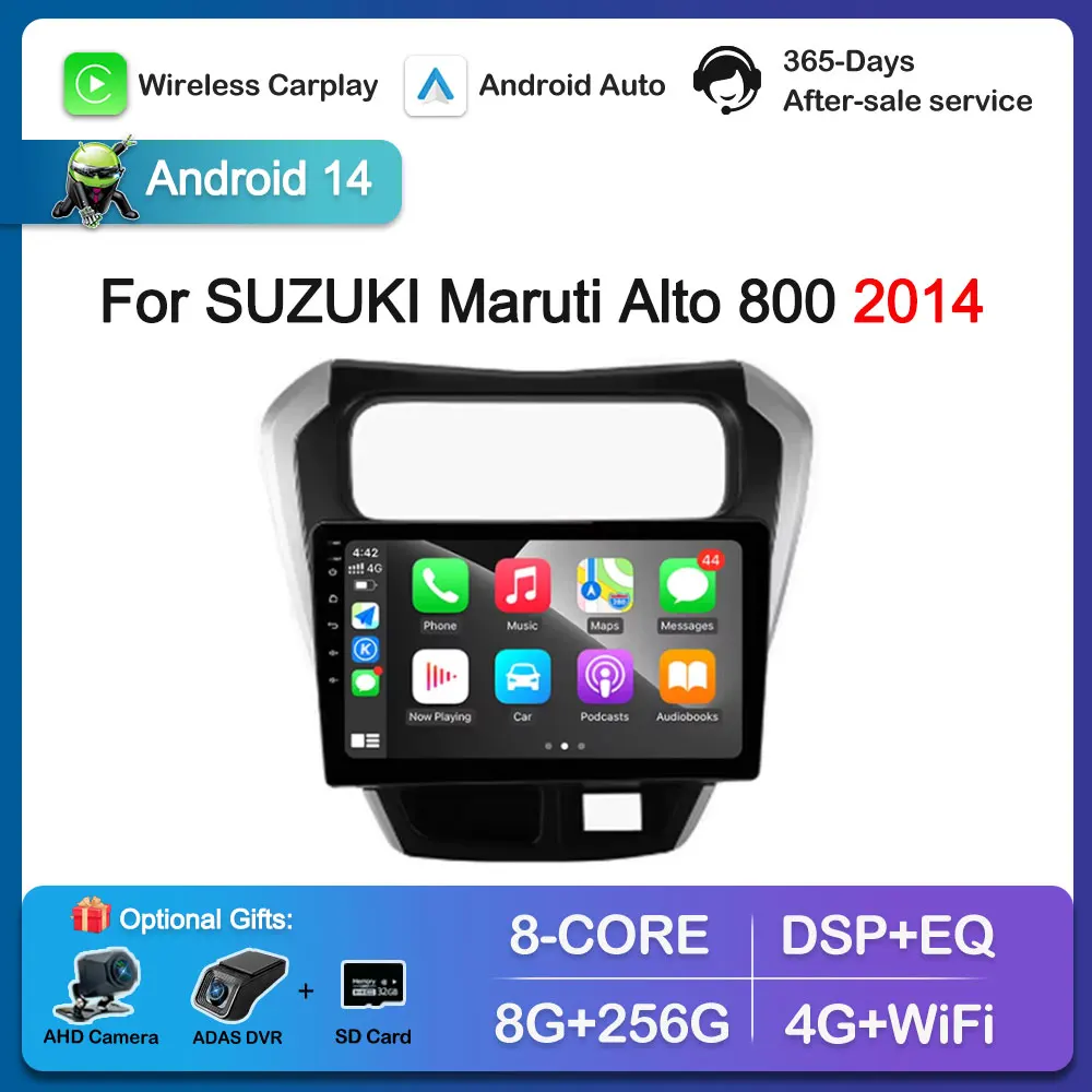 Sistema Carplay Android 14 para SUZUKI Maruti Alto 800 2014 Navi GPS reproductor Multimedia de vídeo para coche WiFi + 4G pantalla dividida DSP estéreo