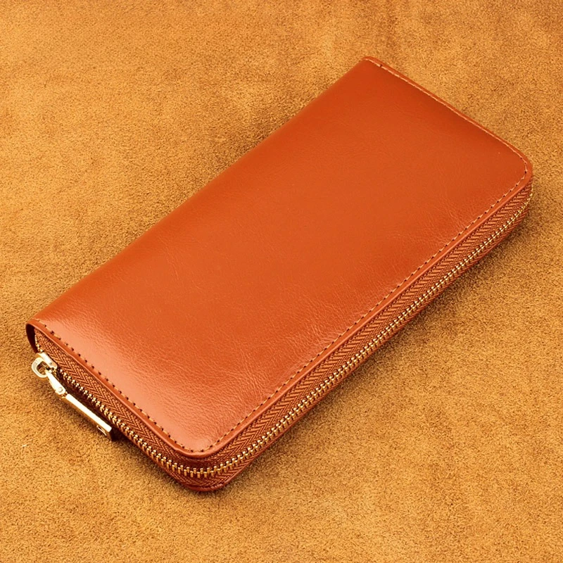 New oil wax cowhide women's wallet leather long zipper men's