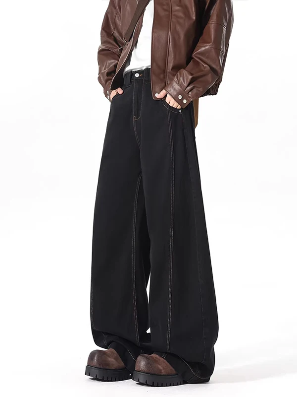 

American Sle Denim Bla Waed Wide Leg Casual Pants Spring New Heavy Du Casual Trousers Trendy Patchwork Jeans