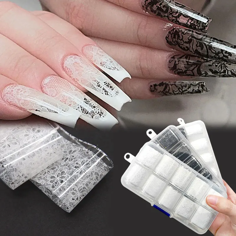 10 لفات 2.5*100 سنتيمتر أسود أبيض الدانتيل مسمار رقائق نقل ورقة مسمار الفن ملصقات شريط الدانتيل DIY بها بنفسك مانيكير التصميم الزينة #1