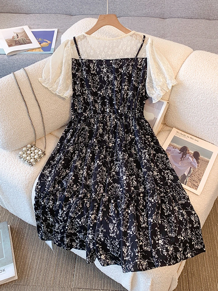 NYFS 2025 الصيف الكورية نمط فستان طويل فضفاض للنساء حجم كبير الدانتيل المرقعة الأزهار قصيرة الأكمام فستان امرأة رداء Elbise