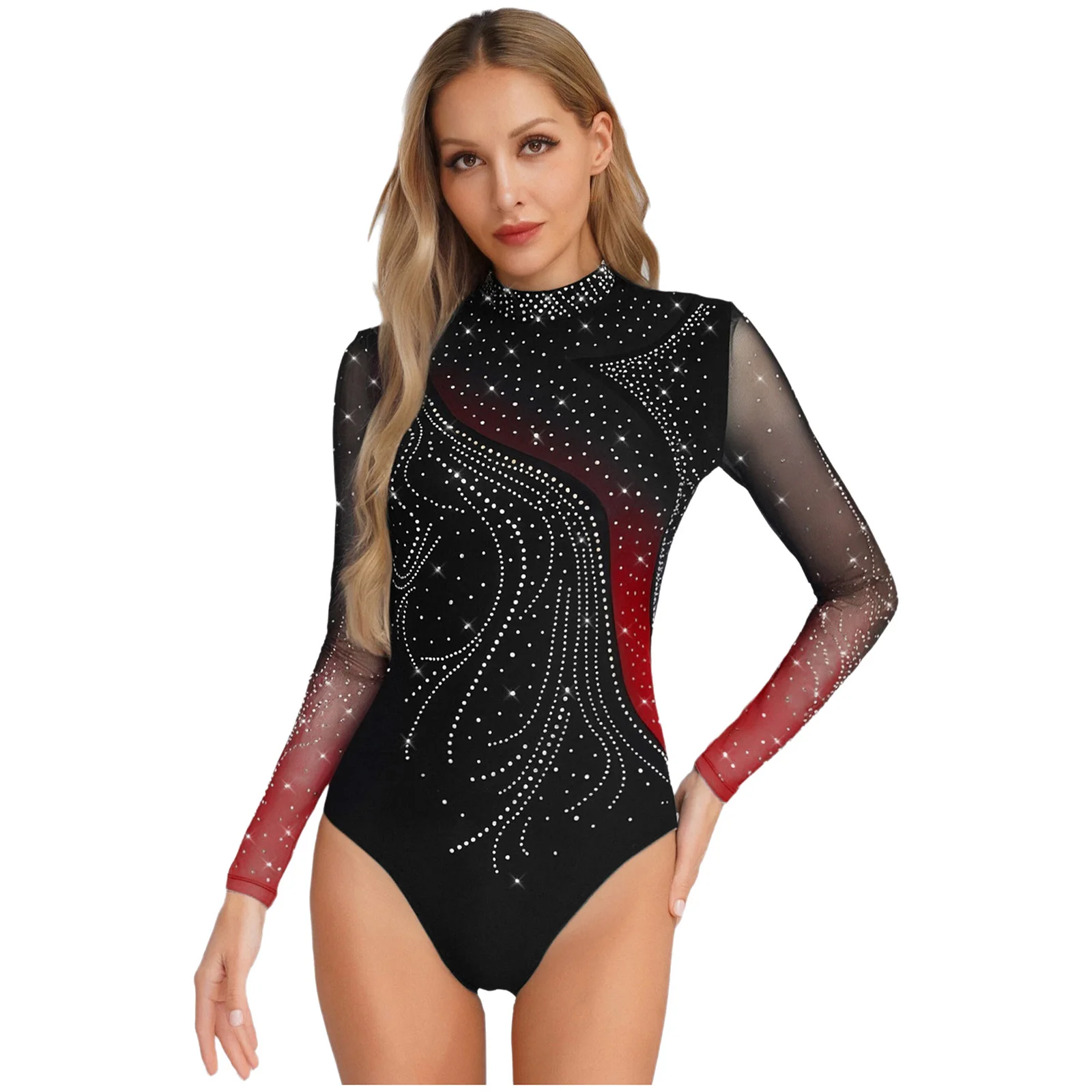 

Womens Figure Skating Leotard Rhinestone Long Sleeve Streamlined Splice Hollow Out Ballet Bodysuit for Gymnastic Dance Training
