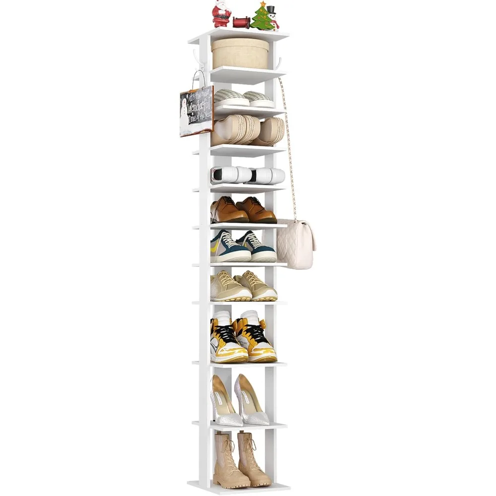 

10-Tier Vertical Shoe Rack, Corner Tower, Slim Organizer with Two Hanging Hooks, Wooden Shoe Storage Stand for Entryw