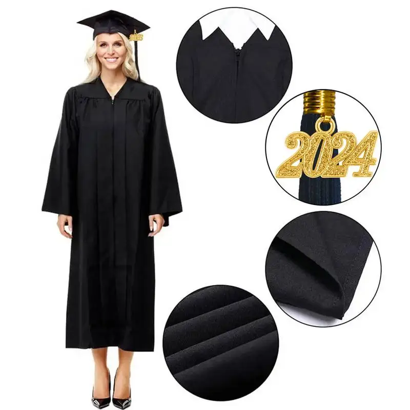 Ensemble de robe de graduation universitaire pour adultes avec fermeture éclair, casquette de mortier, robe académique, robe de graduation