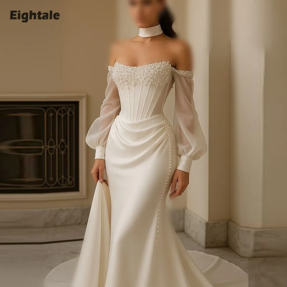 

Eightale Arabic Wedding Dresses off the Shoulder Beaded Pearls Customized Satin Sweep Train Bridal Gowns Vestidos De Novia