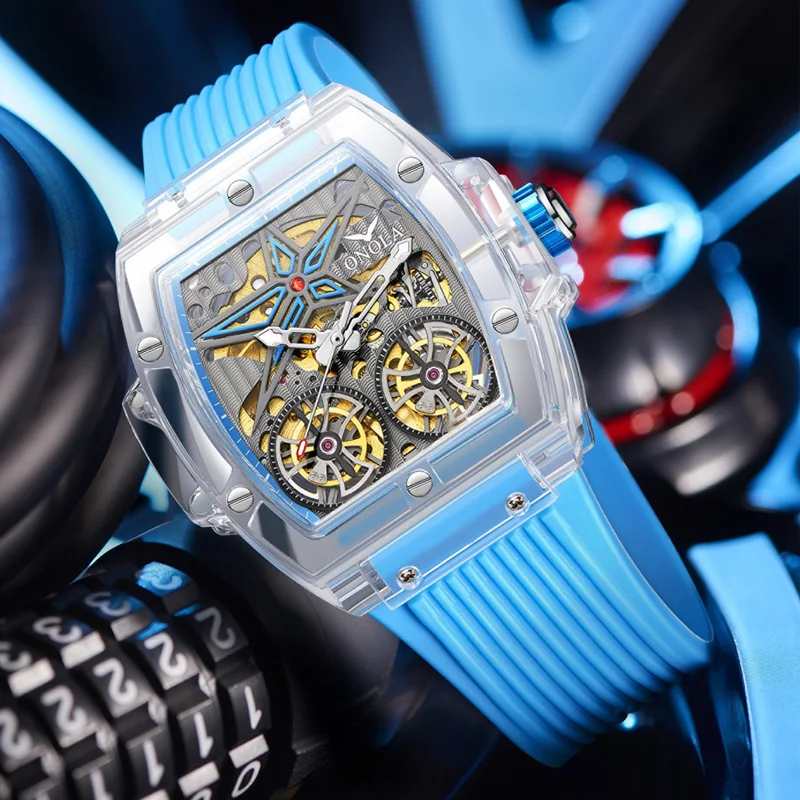 Fahion men watch ONOLA Sprot Plastic Transparent Hollow Full Automatic Mechanical Watches Men Waterproof Clock