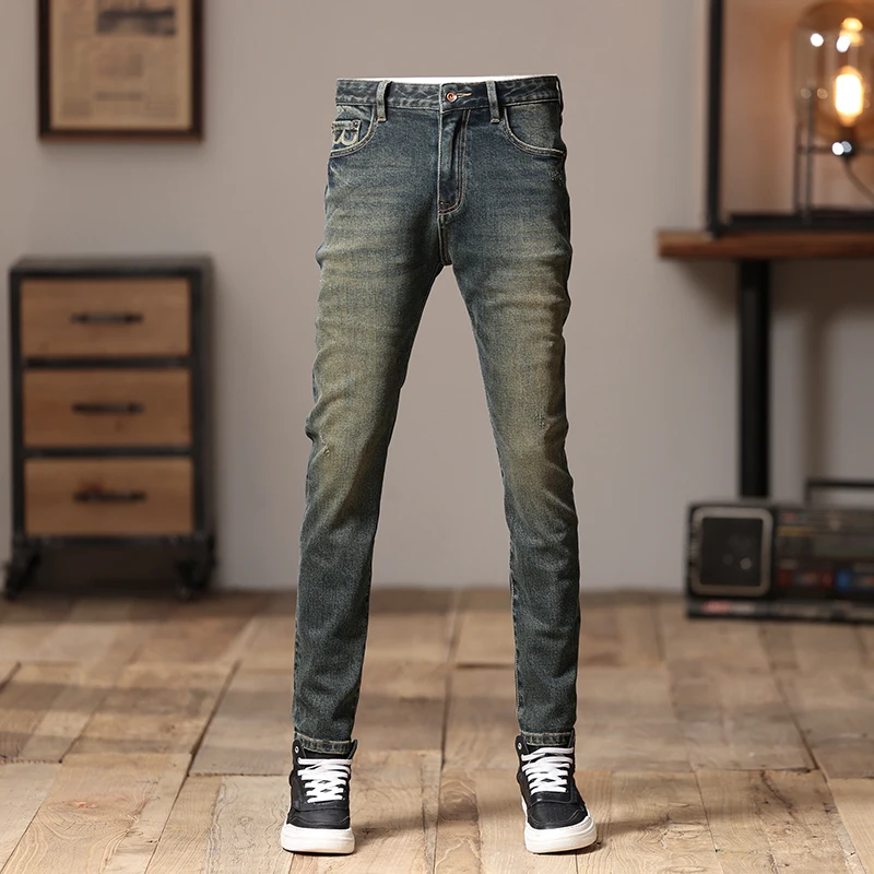 Strakke Herenjeans Herfst En Winter Borduurwerk Trendy Retro Distressed Street Party Mode Straight Skinny Broek