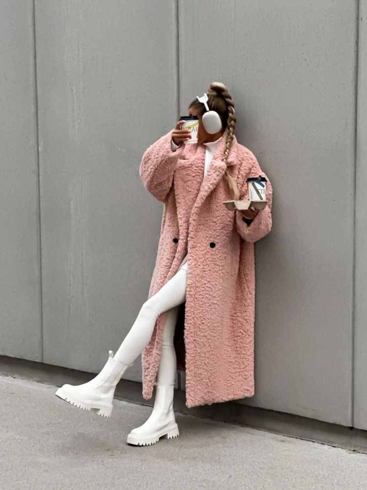 Abrigo largo liso de piel de cordero sintética para mujer, chaqueta holgada y esponjosa con un solo botón, abrigos de felpa de peluche, abrigo grueso y esponjoso, novedad de invierno