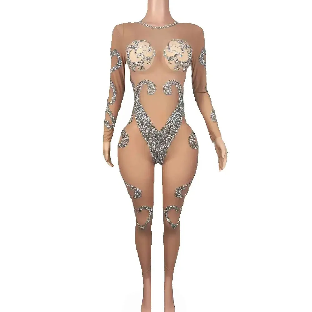 Sparkly Rhinestones ดูผ่านตาข่าย Jumpsuit ผู้หญิงเซ็กซี่ชุดราตรีชุดวันเกิดประสิทธิภาพถ่ายภาพเครื่องแต่งกายสวมใส่