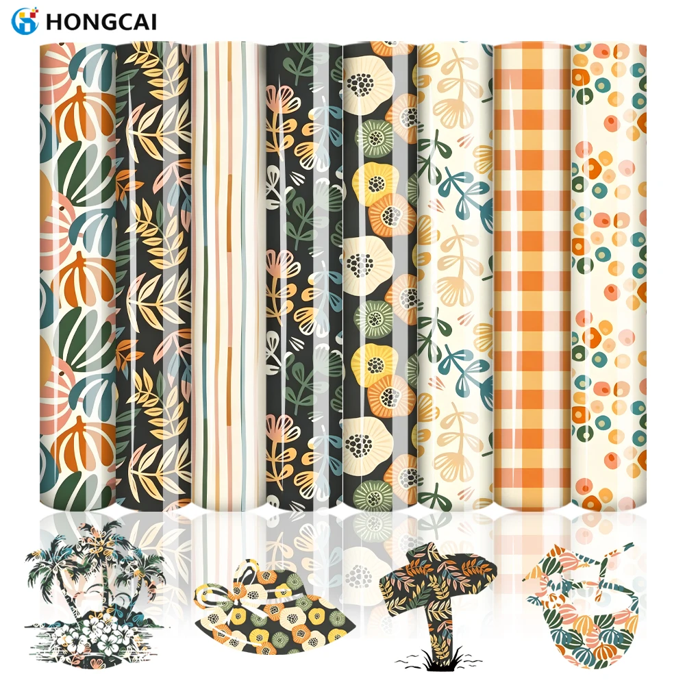 8pcs retro flower heat transfer film, high coverage for dark fabrics, DIY decor for pillows & canvas bags