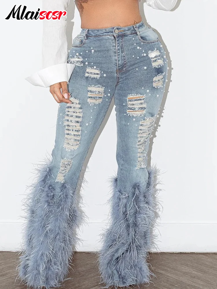 Mlaiscsr Chic Feather Tassel Pearls Jeans Women Clothing Ripped Holes Mid Waist Stretch Denim Pants Boyfriend Birthday Trousers