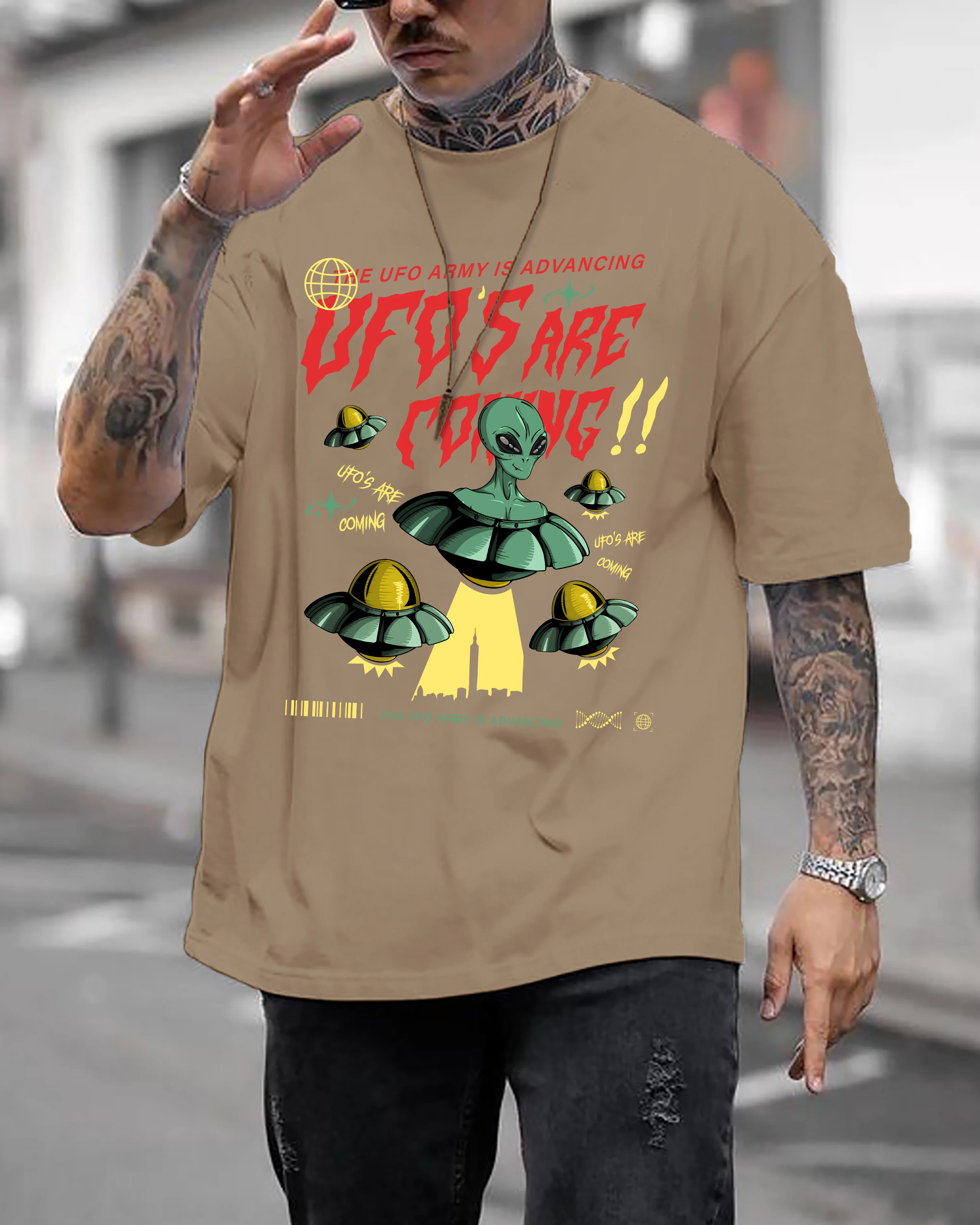 Men Oversized T Shirt UFO Alien Spaceship City Slogan Print Crew Neck Short Sleeve Outer Space Street Loose Casual Tee