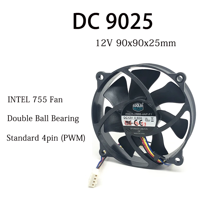 

Cooler Master 9025 90MM CPU Fan 90x90x25MM Circular Fan 72MM Hole Pitch For 775 CPU Cooling Fan 12V 0.6A With PWM 4PIN