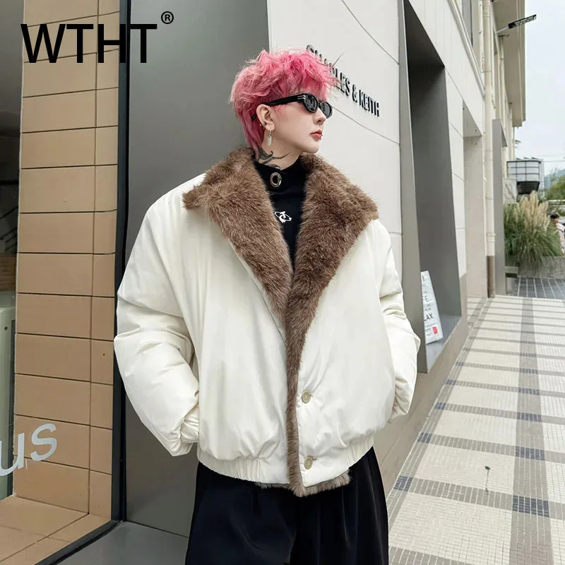 WTHT Fashion 2025 Winter Men's Contrast Color Loose Coat Trendy American Style Turn Down Collar Long Sleeves Jackets Male 2A2349