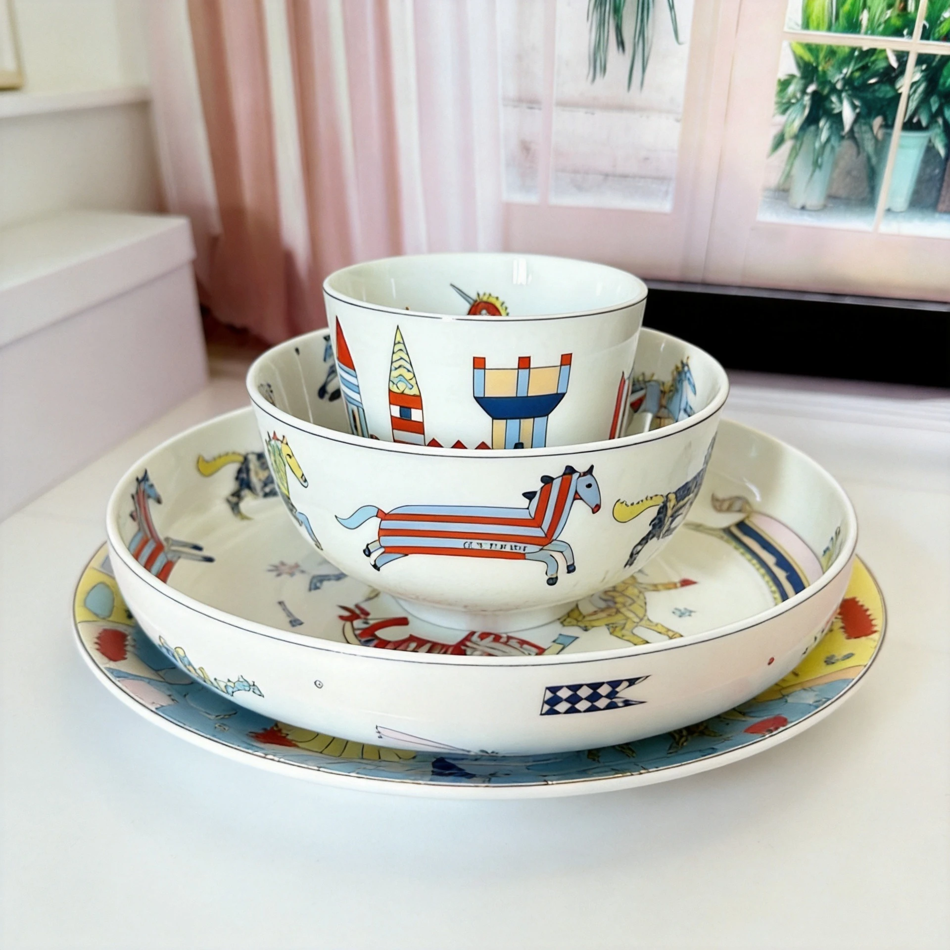 Cartoon Children's European Zoo Ceramic Baby Tableware Rice Plate Set Mug Dessert Plate Meal Bowl Flat bottomed Cup