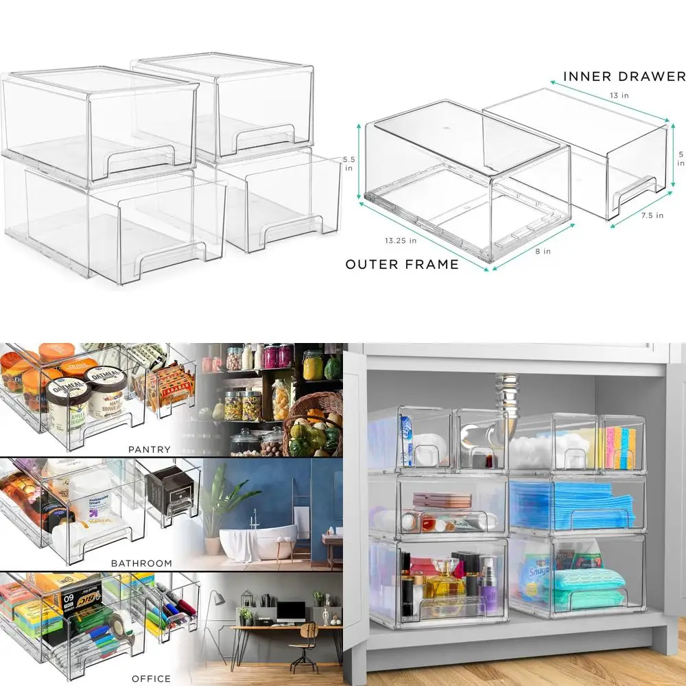 

Clear Wide Stackable Plastic Drawers Organizers with Handles - 4-Pack Storage Bins for Pull-Out Storage Solutions