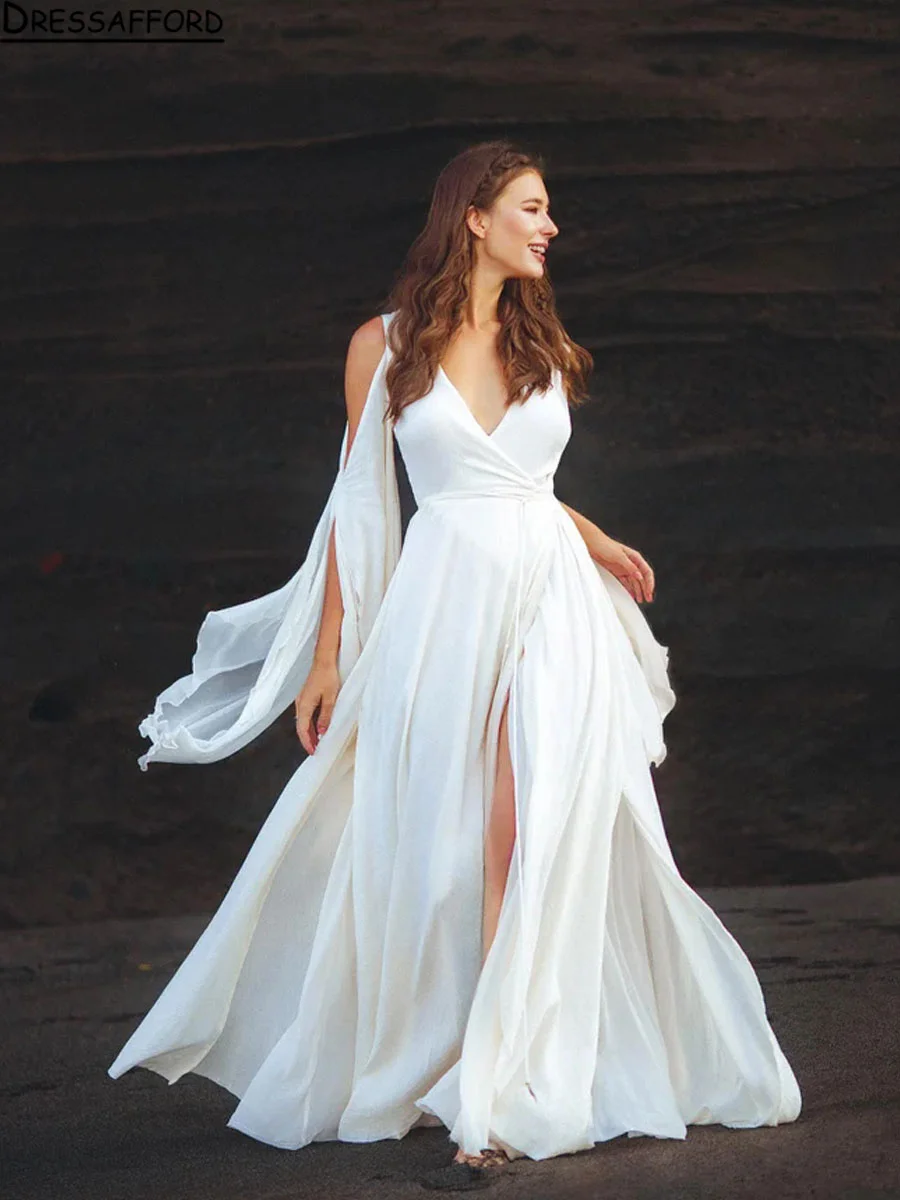 

Bohemian V-neck Chiffon Wedding Dress Backless High Split A-line Bride Gown Tank Sleeve Backless Sexy Bridal Wedding Gown