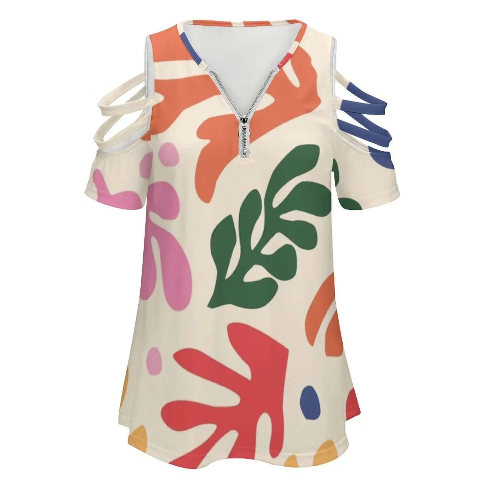 Tropical Matisse Inspired Foliage Women's T-Shirt New Fashion Printed Zipper V-Neck Short Sleeve T Shirts Casual Plus Size