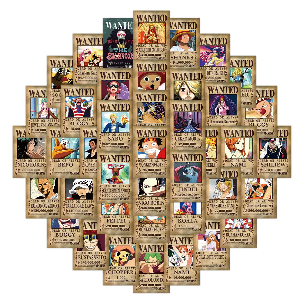 10/30/56pcs Anime One Piece Wanted Posters Stickers Cartoon Decals Cool Laptop Decoration Wall Waterproof Sticker for Kids Toys