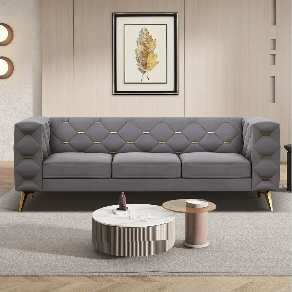 Sofa, 84'' Velvet Upholstered 3 Seater Couch with Square Arms and Tufted Back, Couch with Metal Buckle Decor and Metal Legs,Sofa