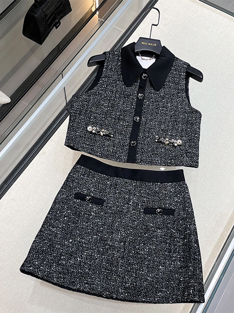 

High-End Women's Summer irt Vest Svel High Waist Skirt Set Faionable Turn-down Collar Two-piece Woolen Suit