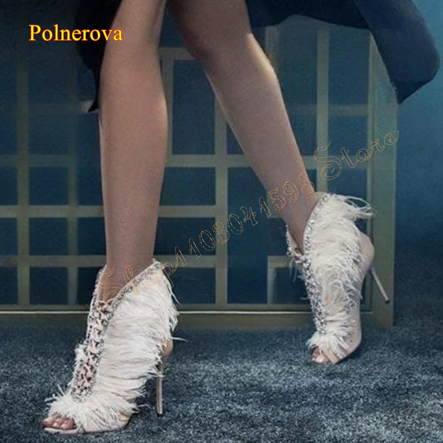 

Blingbling Crystal Feather Sandals,Peep Toe Thin Heel Suede Women Boots Fashion Wedding Party Heels 2023 New Zapatos Para Mujere