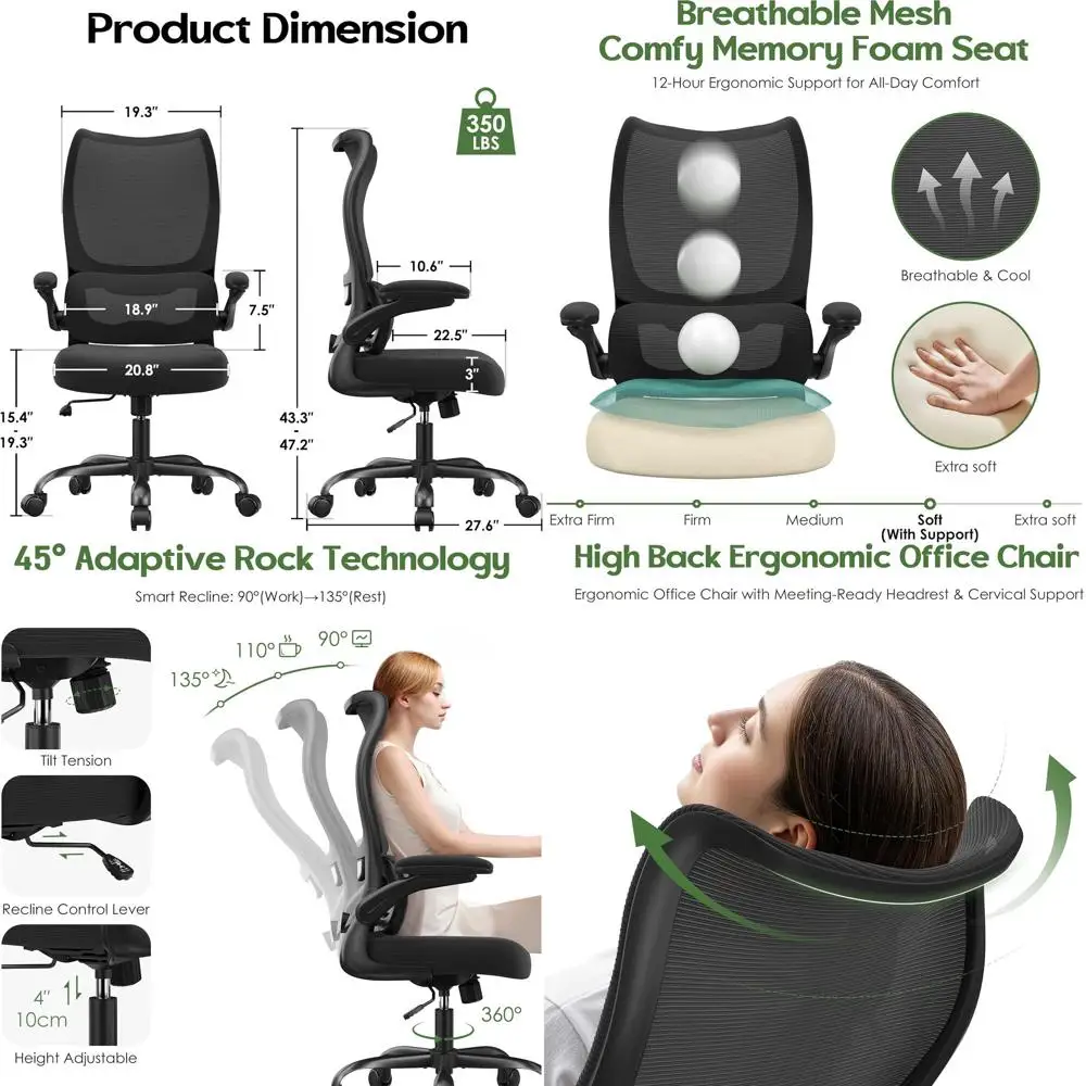 

Эргономичное офисное кресло с высокой спинкой и поясничной опорой и откидными подлокотниками — черный/серебристый