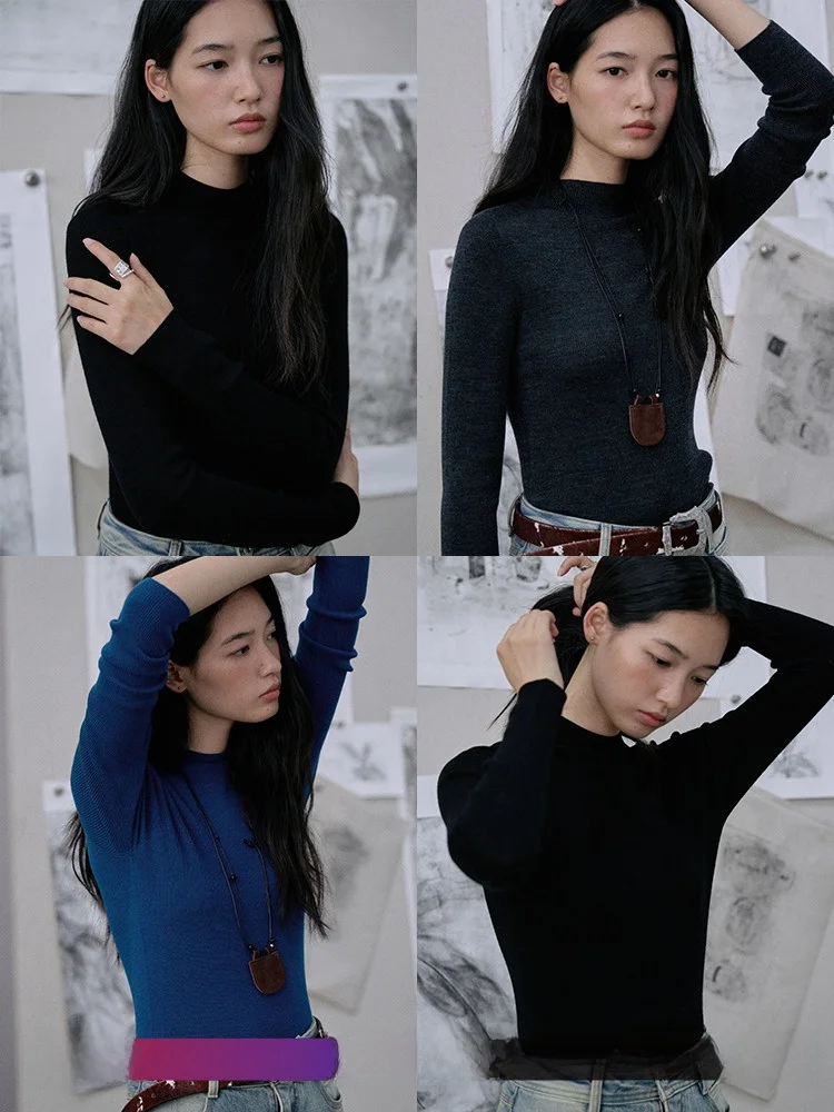 

Jicouture Beautiful Merino Wool Long Sve Slim Fit Base Layer Sweater Early Autumn Skin-friendly Inner Wear Knitted Top