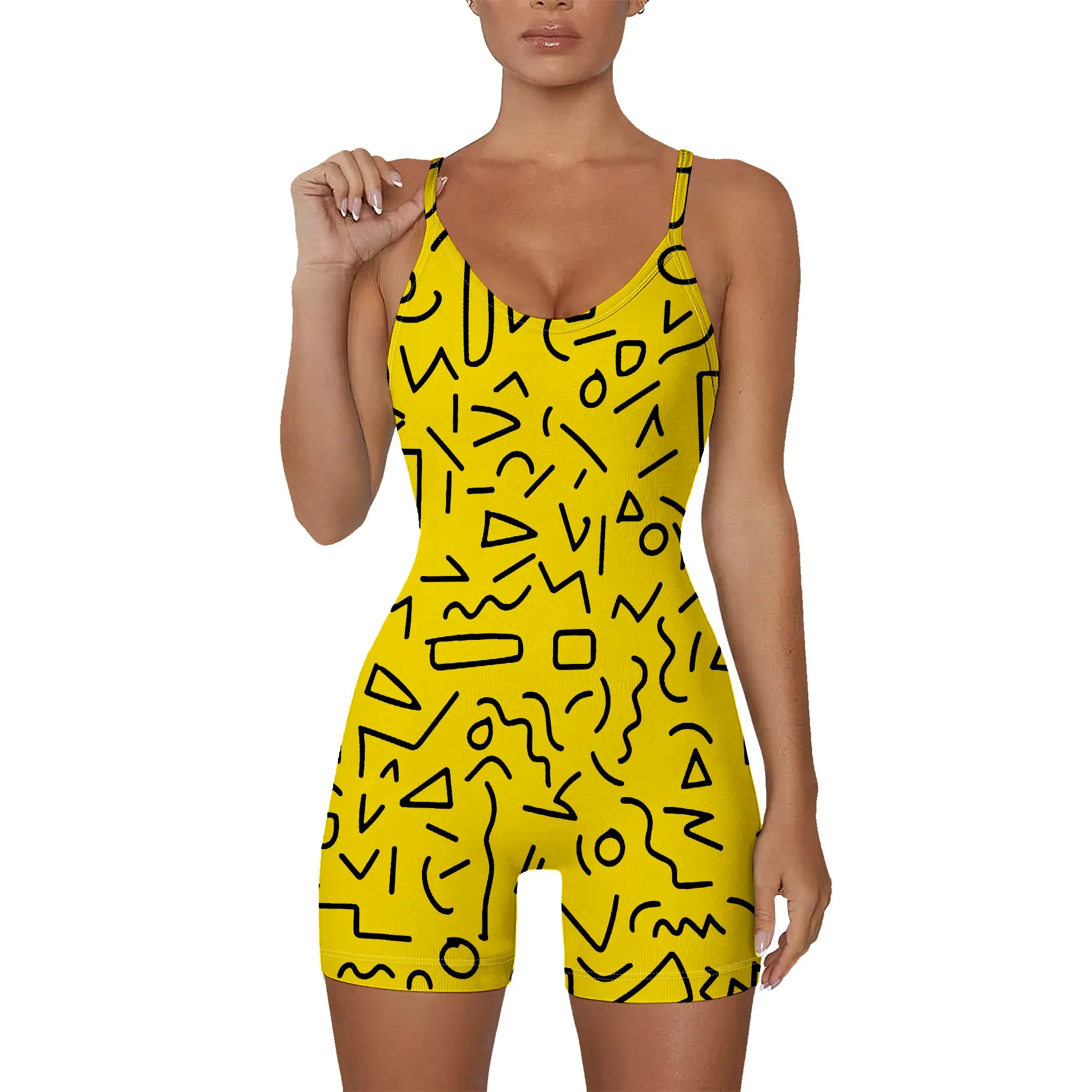Yellow Geometric Print Romper Women Sleeveless Strappy Jumpsuit Summer Casual Playsuit