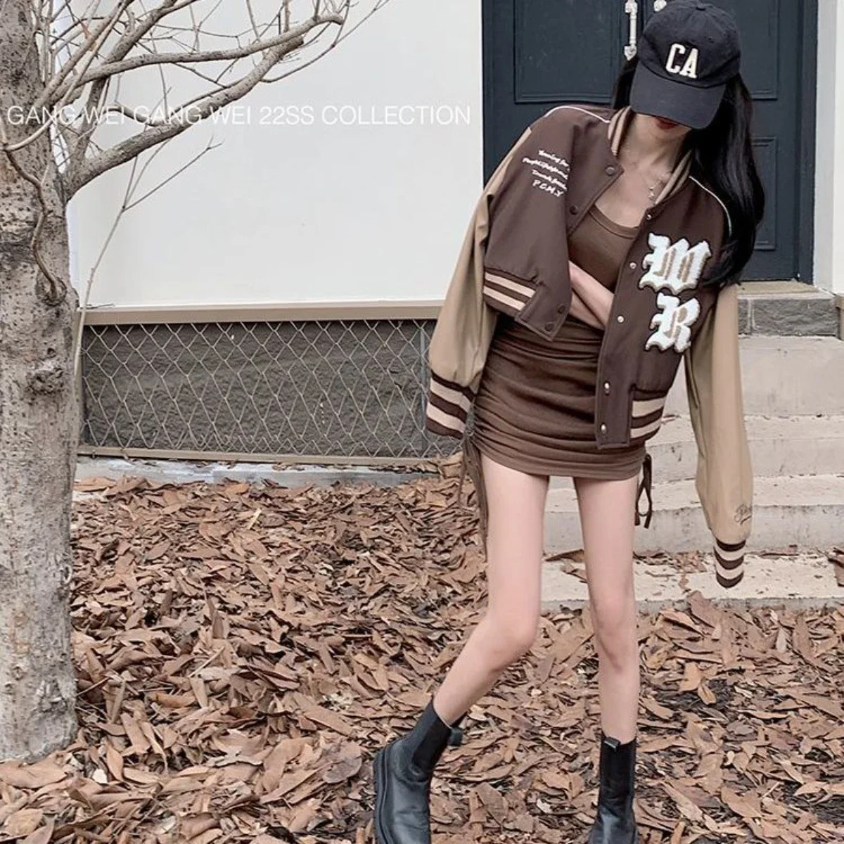 2023 American traf color-blocking letter baseball jacket short coat brown Korean version loose long-sleeved top trend jacket