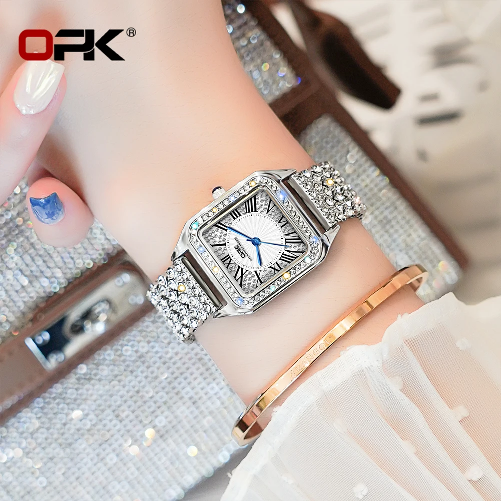 ساعة كوارتز للسيدات بحزام فولاذي بمقياس روماني مقاومة للماء من الماس بالكامل من OPK 8619