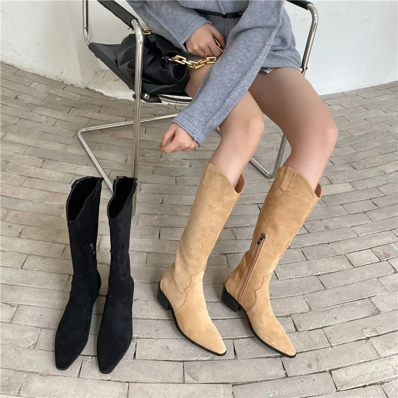 Pointed Toe Knight Boots for Women Brown PU Leather Knee High Boots Woman  Autumn Winter Western Cowboy Long Botas Mujer 2024