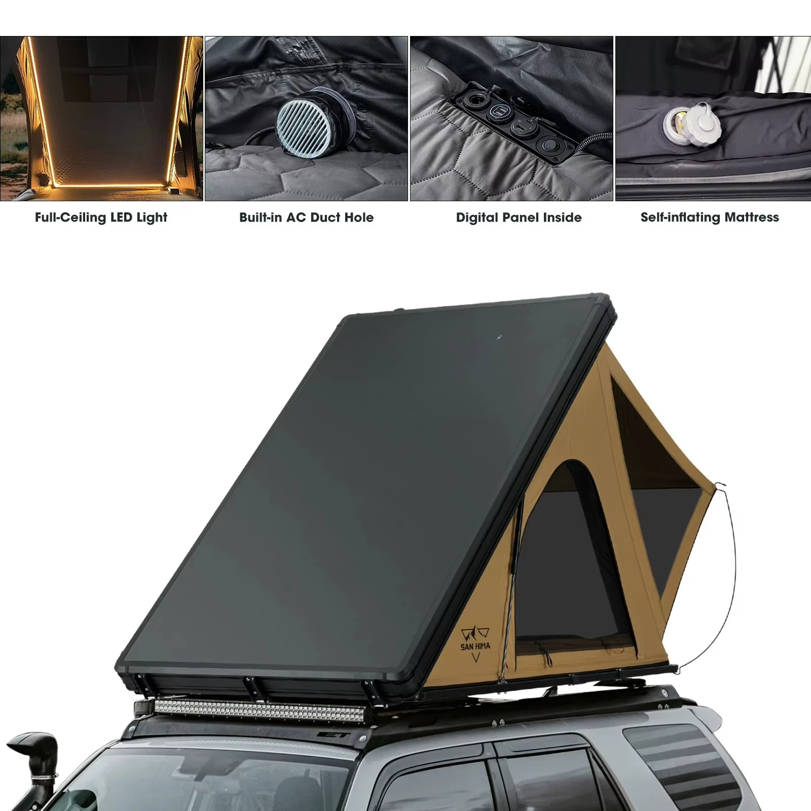 Aluminum Hard Shell Rooftop Tent Ultra Slim Lightweight Auto Rainfly Self-inflating Mattress USB Charging For SUV Jeep