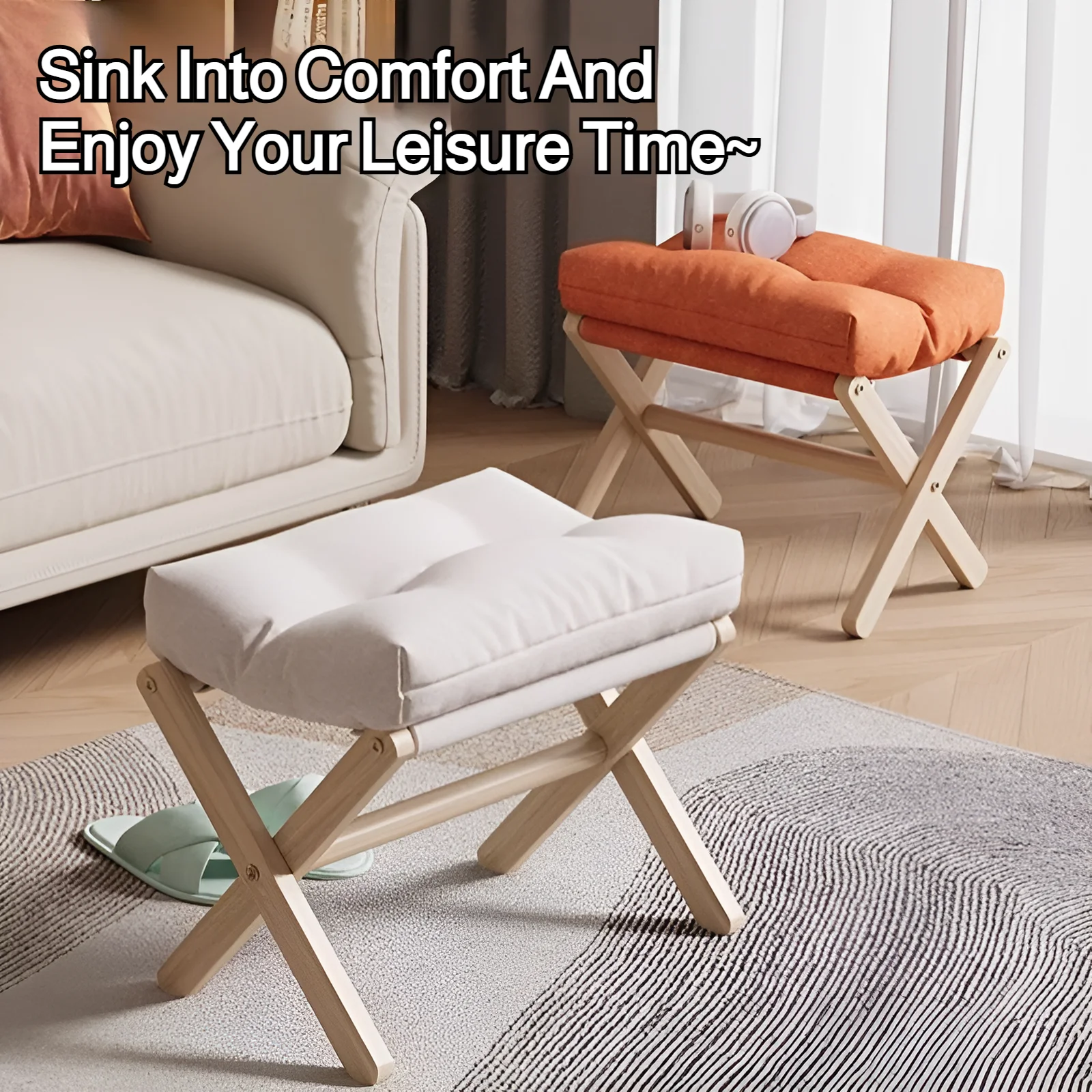 Solid Wood Shoe Changing Stool Footstool Sofa Rest Footstool, Folding Low Stool for The Entryway, Cotton-filled Cushion Stool