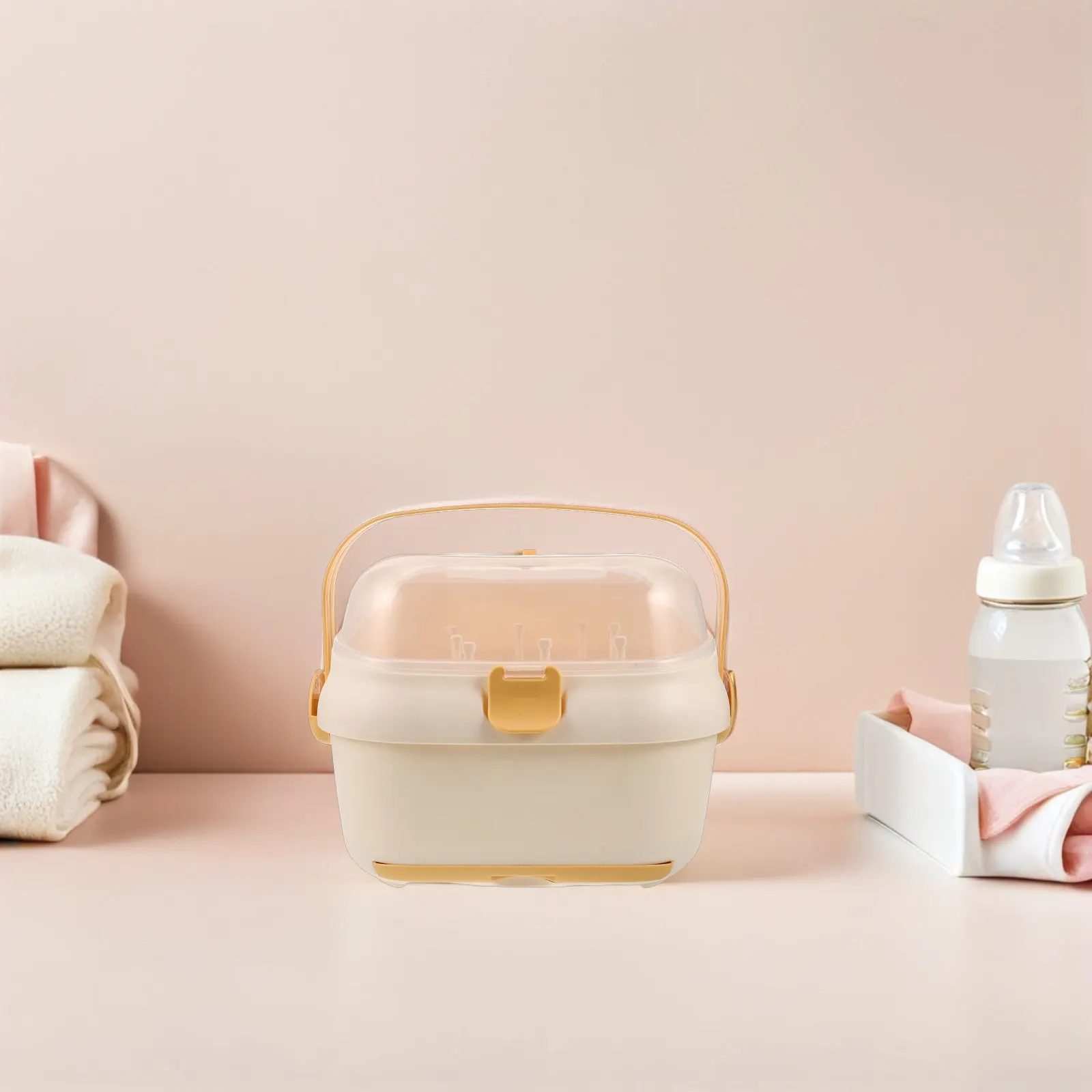 Baby Bottle Storage Box Portable Dustproof Drying Rack Nursing Bottle Organizer Countertop Kitchen Cabinet Dryer Yellow