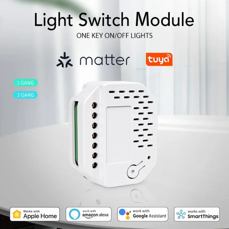 Matter Light Switch Module 2Gang Relay 220V With Neutral Works With Tuya Smart Life Homekit Smartthings Alexa Home Automation