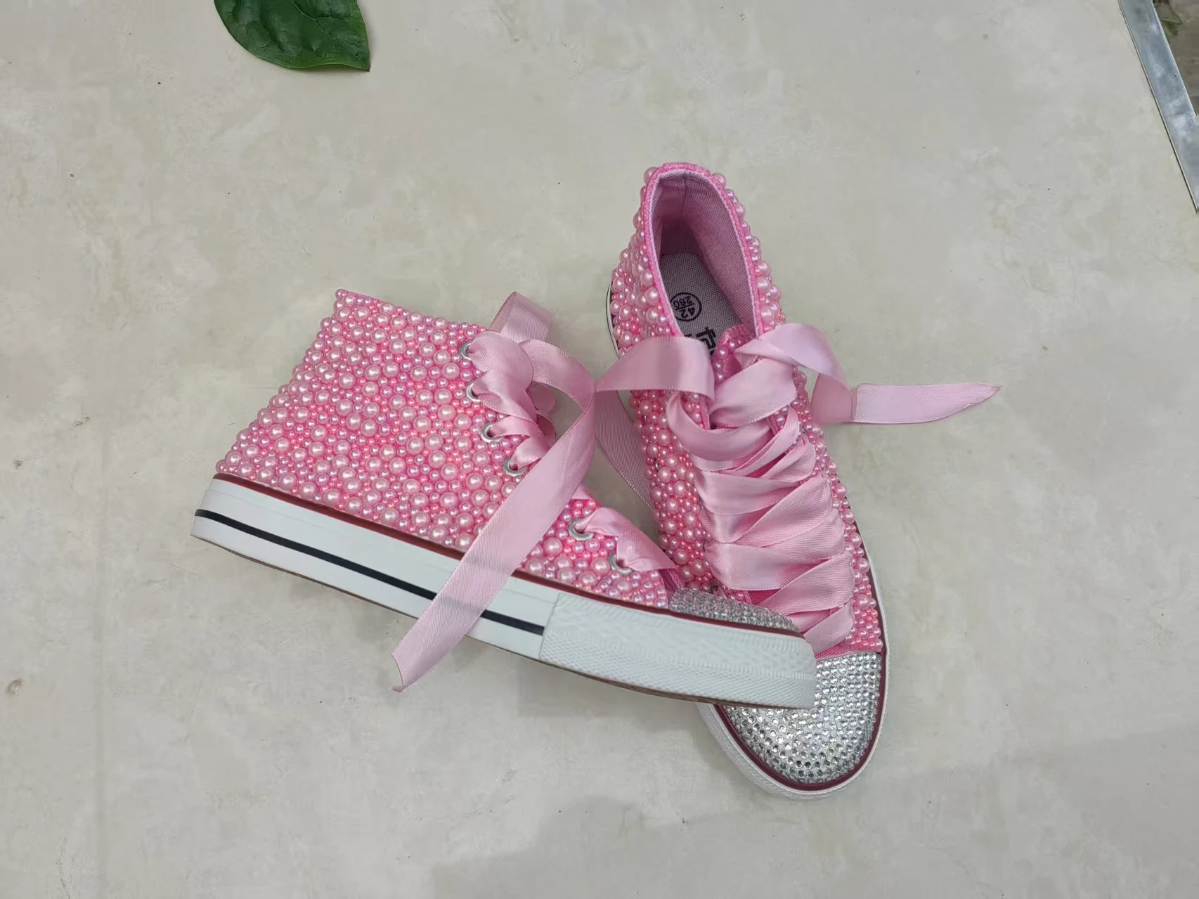 Hand-made pink high-top pearl rhinestones party plimsolls Heavy industry large size lace-up casual sports women's shoes 35-44
