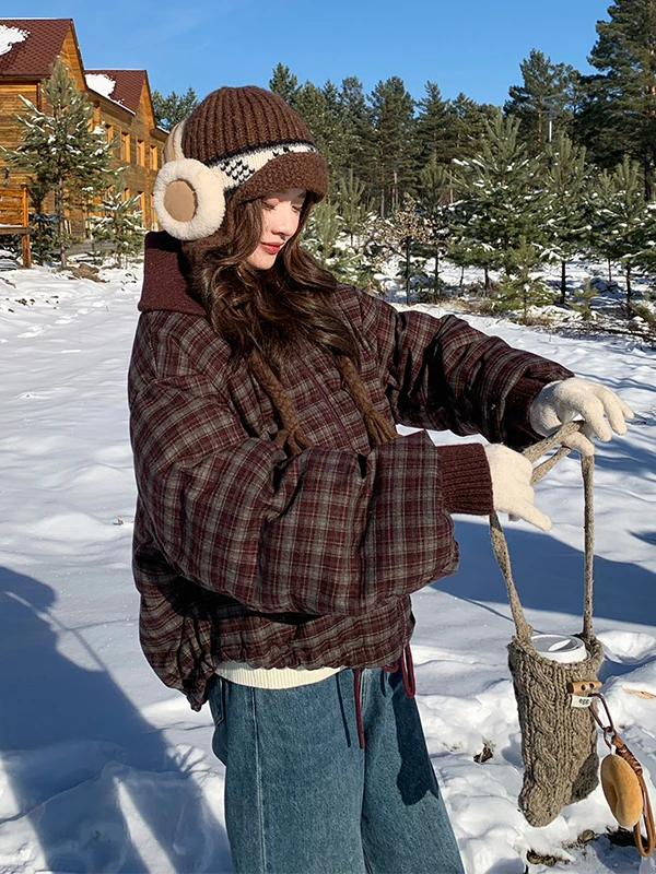 레드 니트 체크 다운 재킷 여성용 레트로 디자인 겨울 따뜻한 두꺼운 아우터웨어 캐주얼 루즈핏 화이트 다운