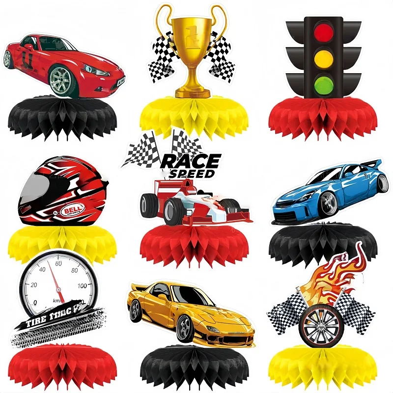 

New 9-Piece Racing Theme Birthday Party Decorations Kids Party Supplies Honeycomb Ornaments Cake Decorations Background Centerpi