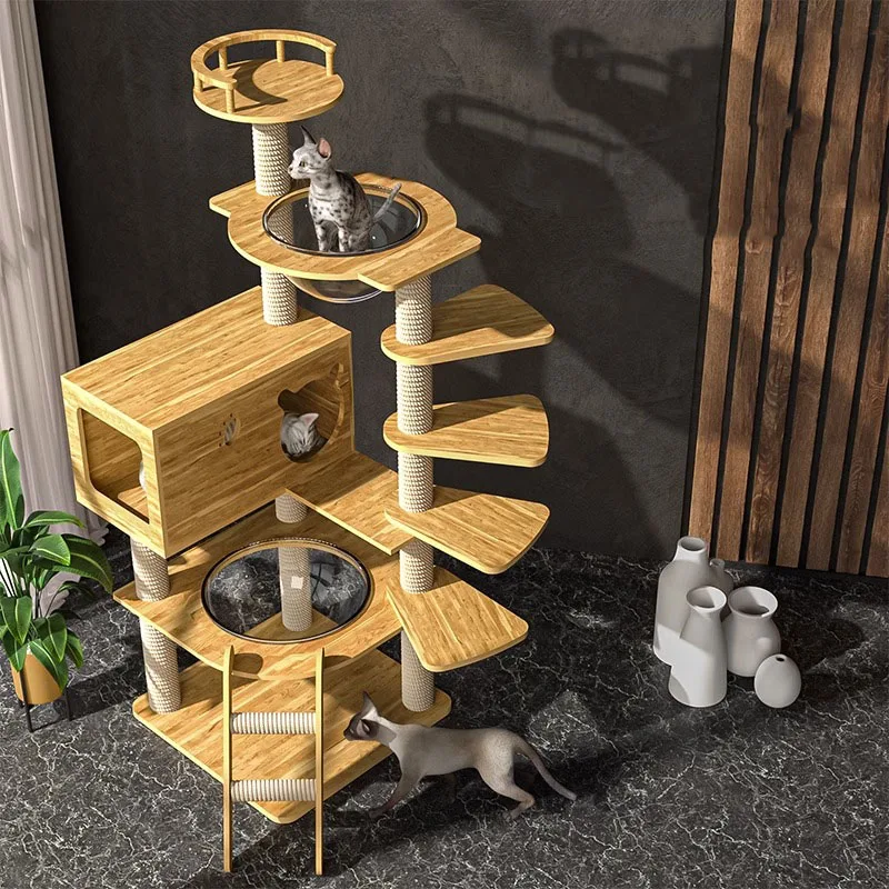 

Wooden indoor cat trees tower condo small capsule scratching platform climbing game stand house with scratcher cat pet products