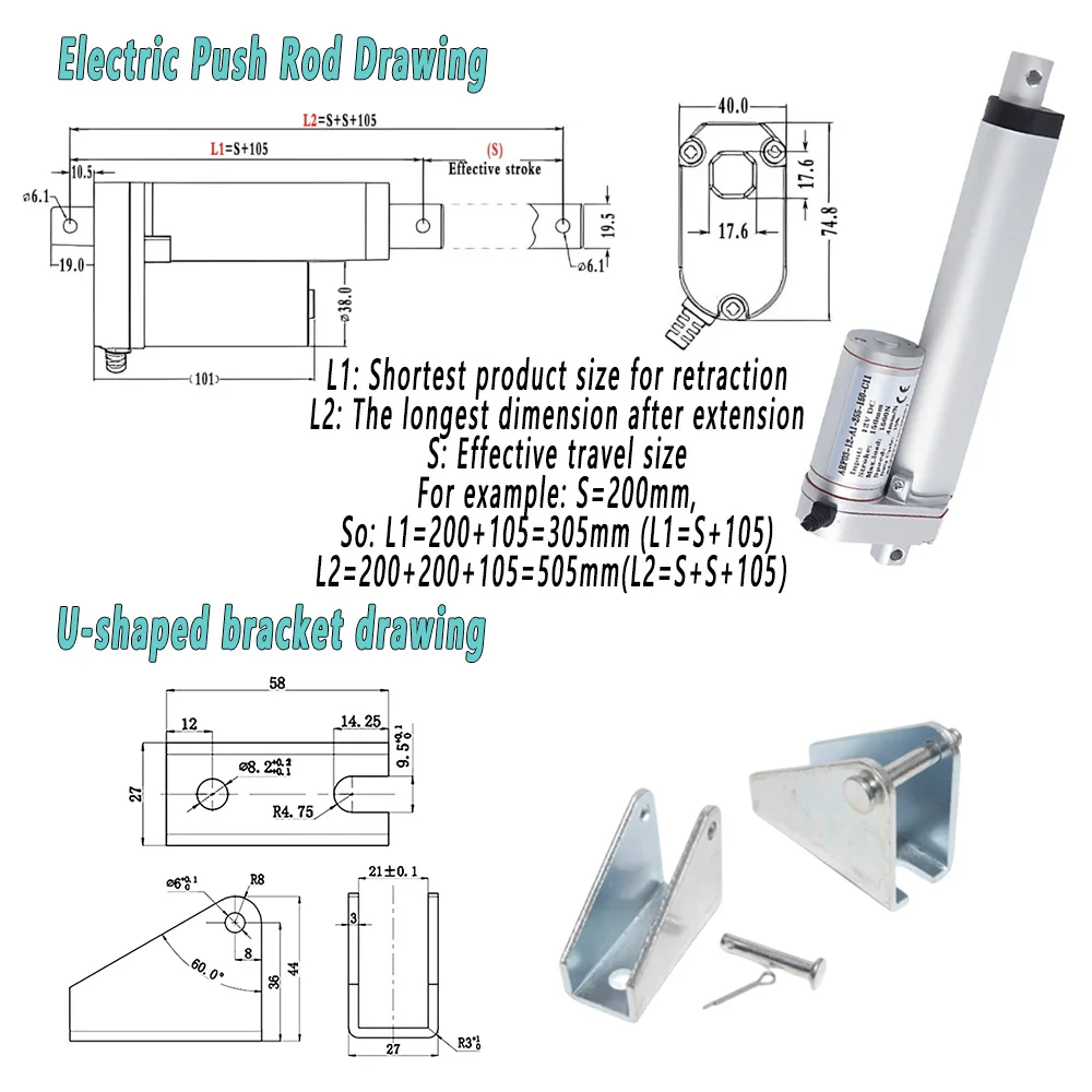 محرك كهربائي بقضيب دفع DC12V/24V دفع عالي 100 كجم السكتة الدماغية 100/300/500 مللي متر المحرك الخطي لمعدات التشغيل الآلي