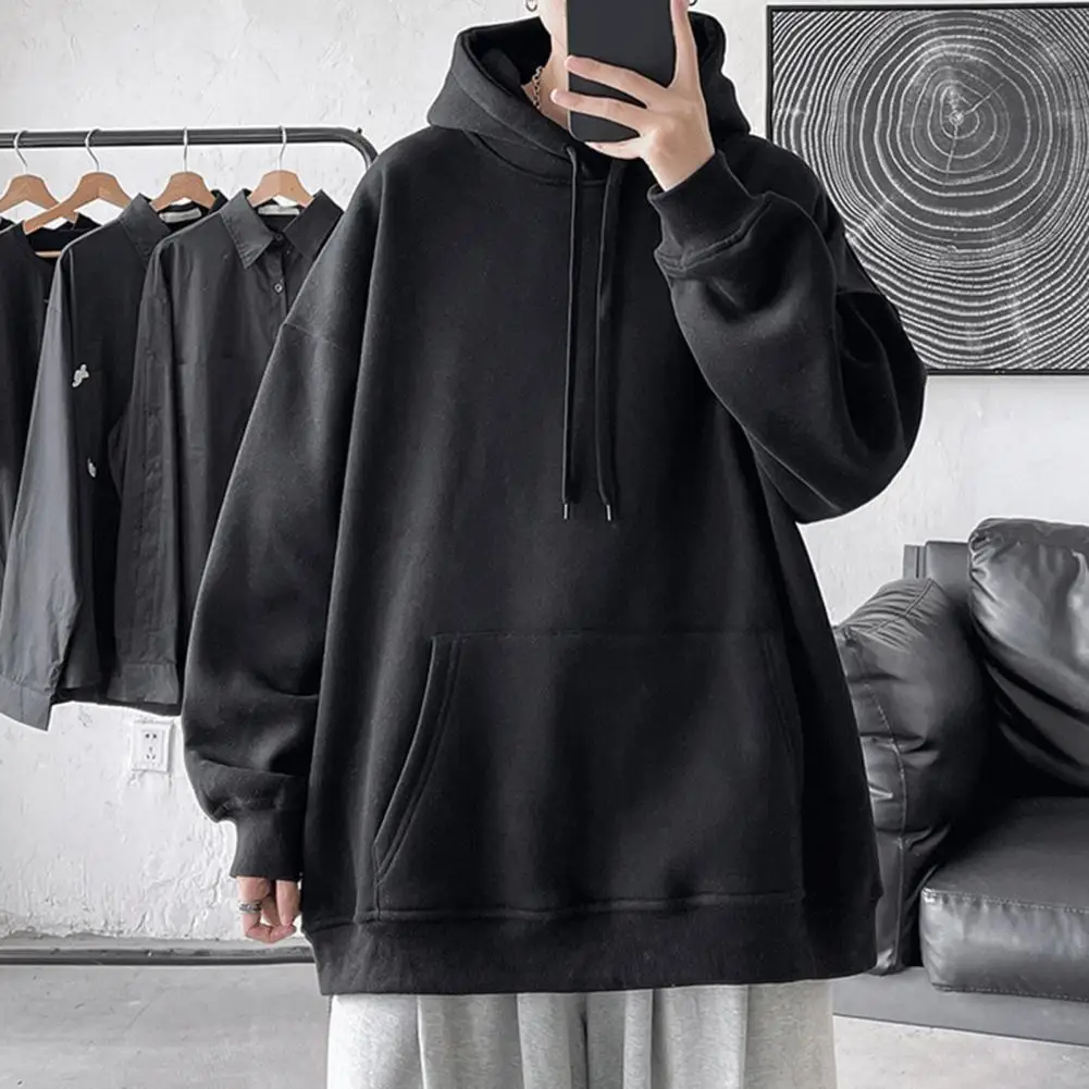 

Adjustable Drawstring Hoodie Cozy Plush Hoodie with Big Pockets for Men Warm Winter Sweatshirt with Elastic Cuff Hem for Wear