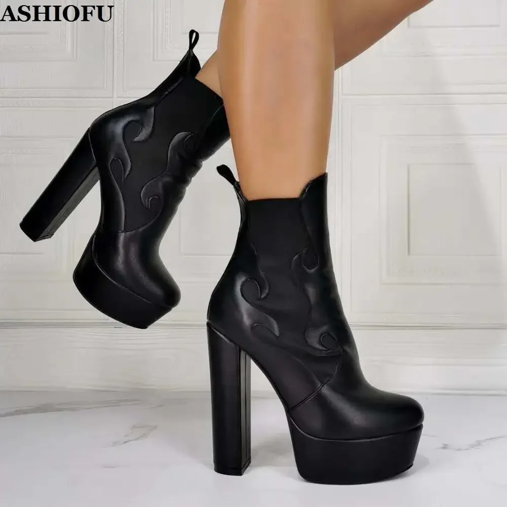 ASHIOFU Handmade Real Photos Womens Boots Chunky Heel Platform Party Prom Ankle Booties Evening Club Black Winter Short Boots