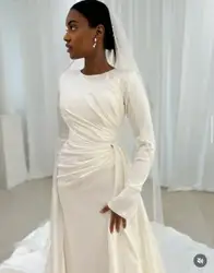 Custom Made Pleat Beaded Long Sleeves Mermaid Wedding Dresses With Detachable Train