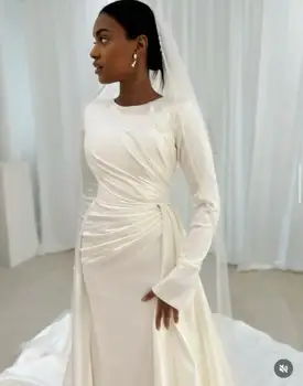 Vestidos de novia de sirena de manga larga con cuentas plisadas hechos a medida con tren desmontable
