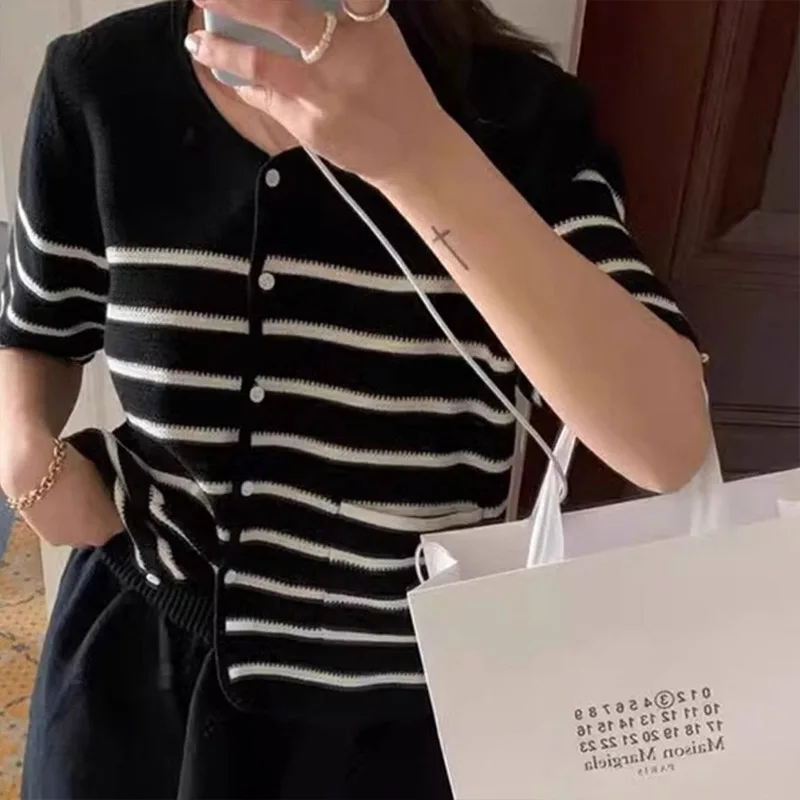 Women Clothing Fashion Striped O-neck Short Sleeve T-shirt Summer Casual Chic Pockets Knit Cardigan French Elegant All-match Top